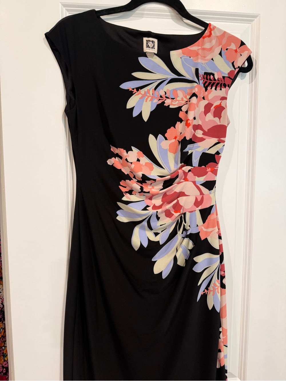 Anne Klein Black One-Shoulder Dress with Coral and Lavender Floral Print